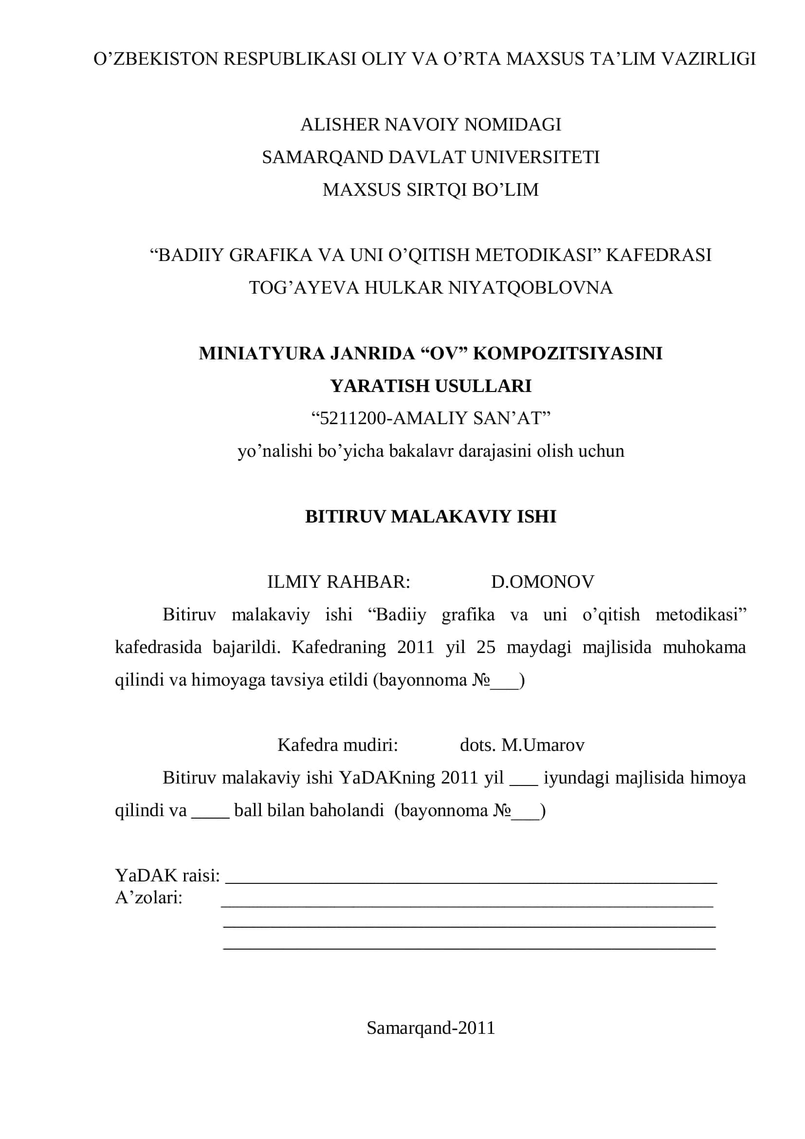 "BADIIY GRAFIKA VA UNI O‟QITISH METODIKASI"