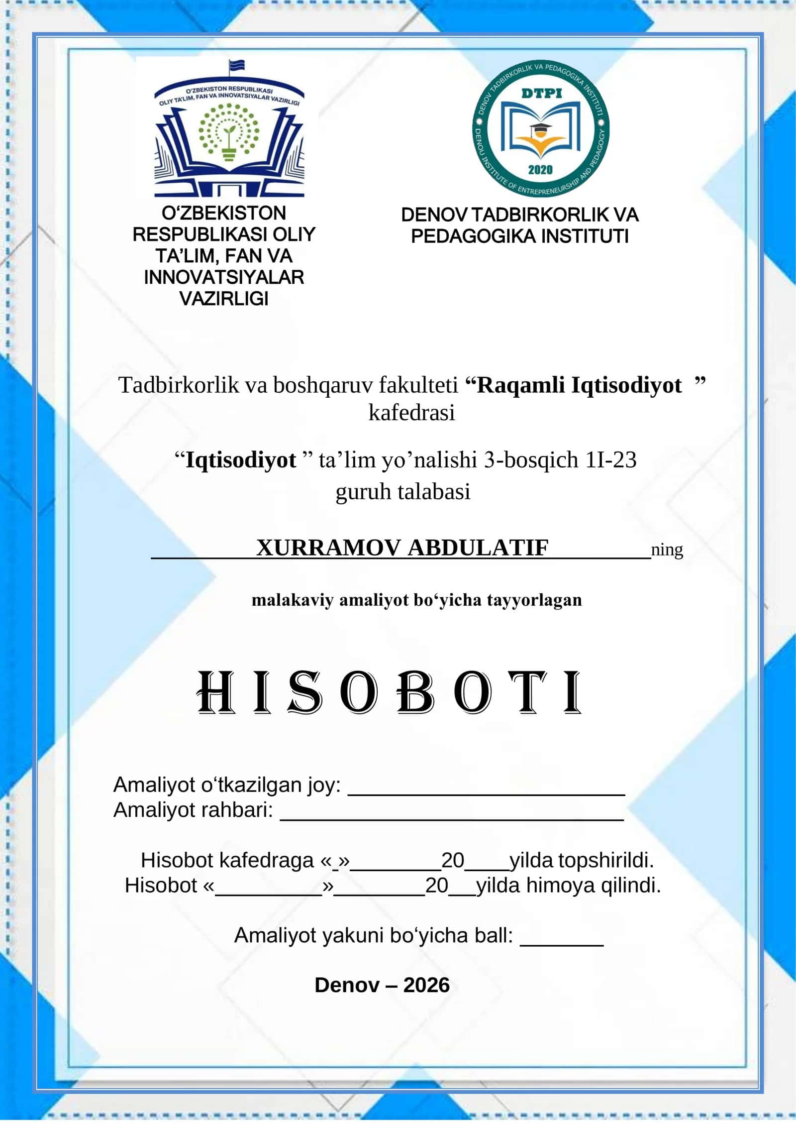 “AGROBANK” AKSIYADORLIK TIJORAT BANKINING TASHKIL TOPISHI denov filiali