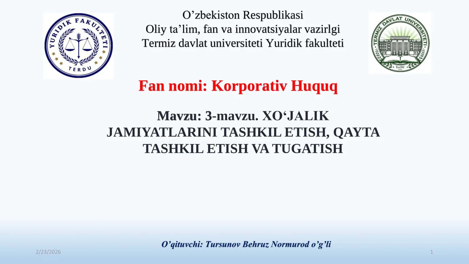 XO‘JALIK JAMIYATLARINI TASHKIL ETISH, QAYTA TASHKIL ETISH VA TUGATISH