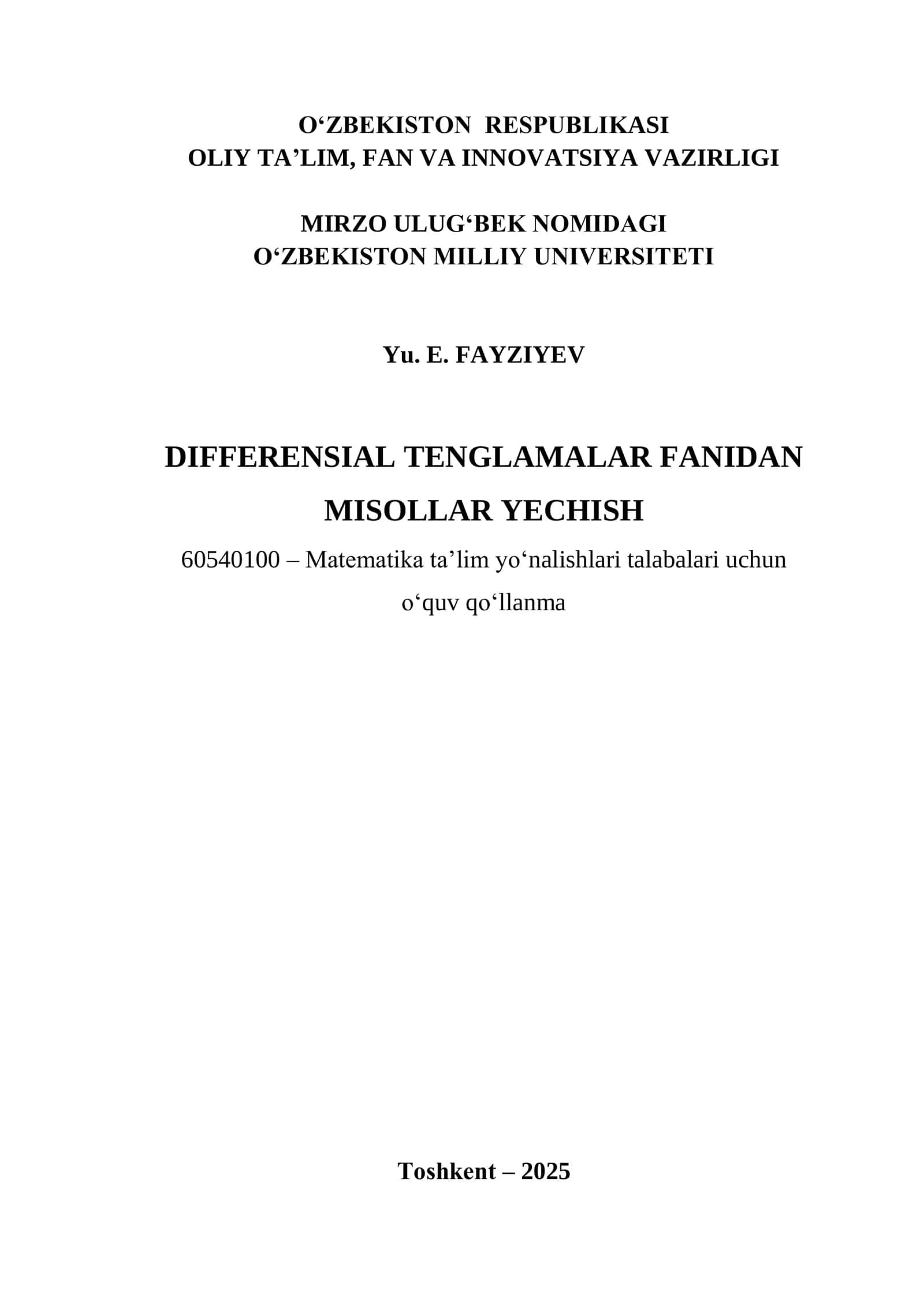 Differensial tenglamalar fanidan misollar yechish