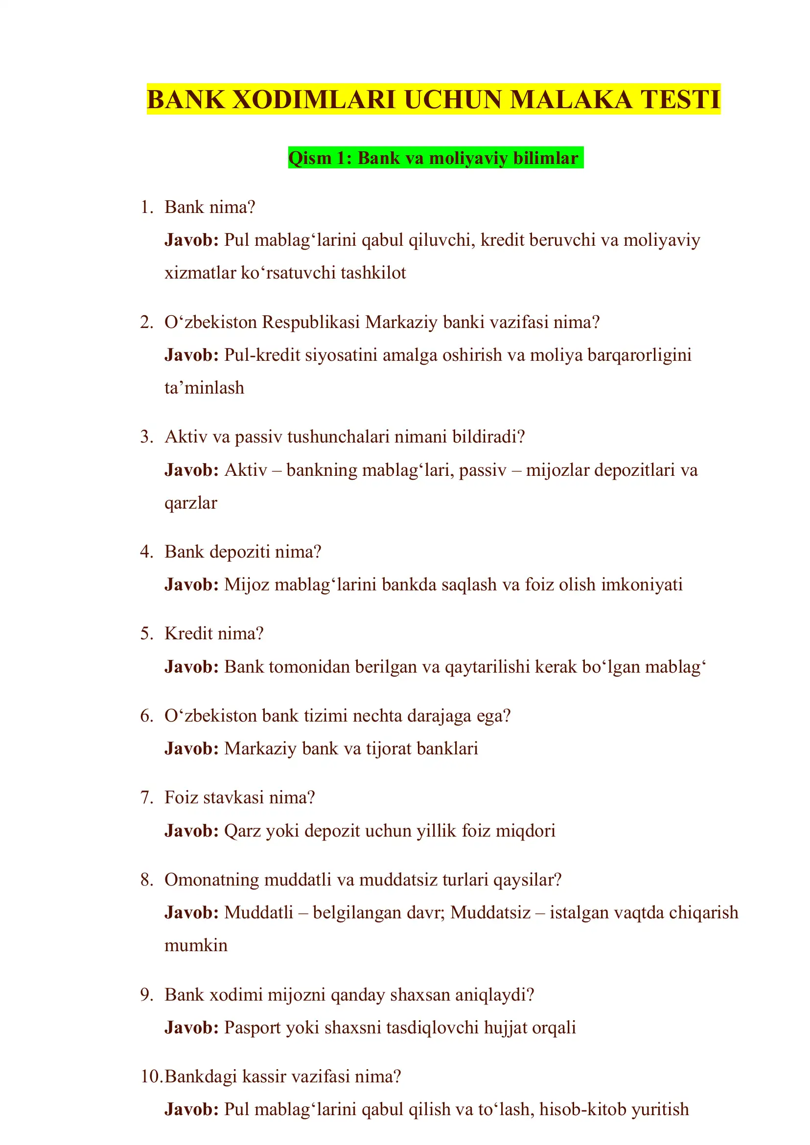 BANK XODIMLARI UCHUN MALAKA TESTI