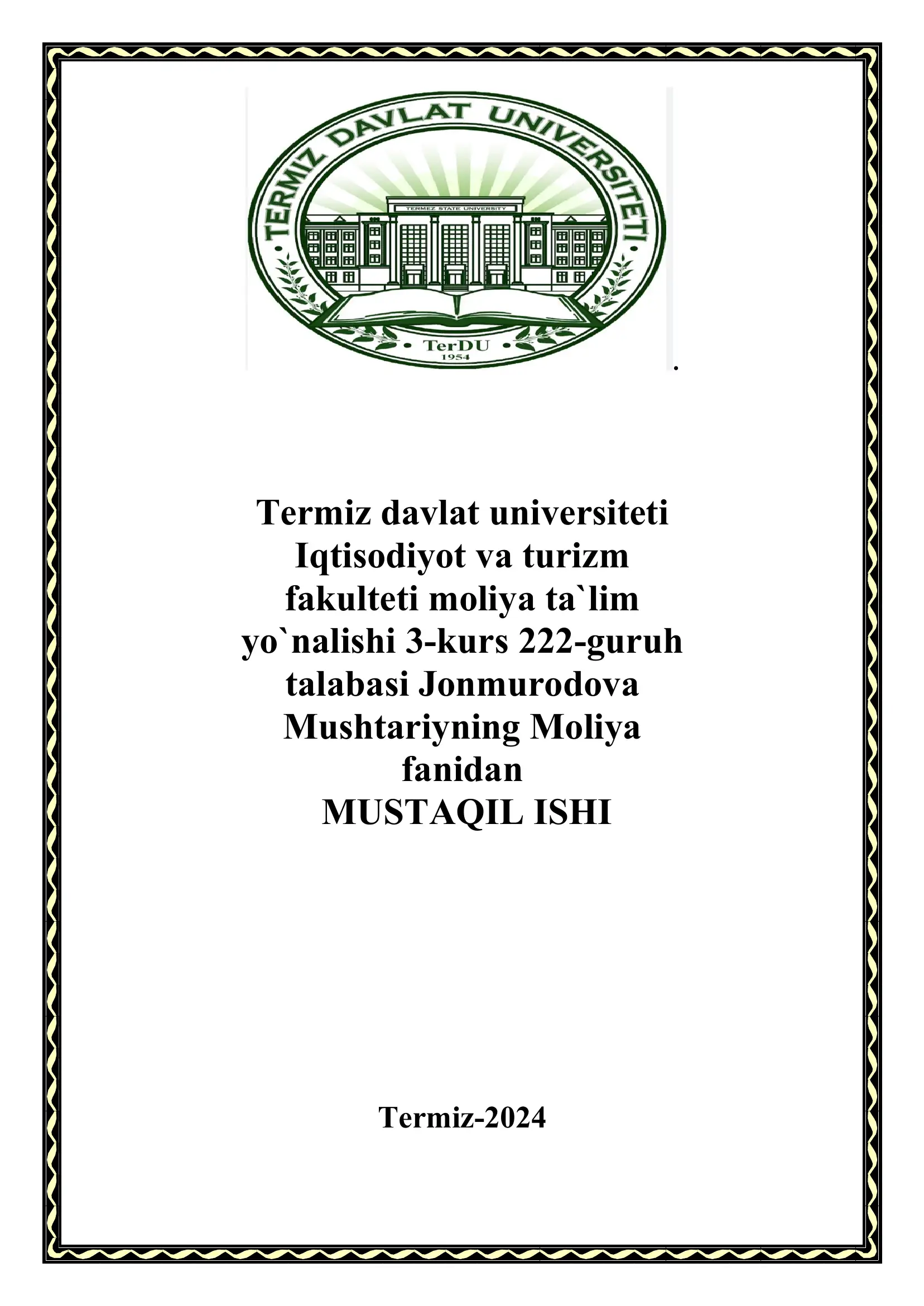 Mushtariyning Moliya fanidan MUSTAQIL ISHI