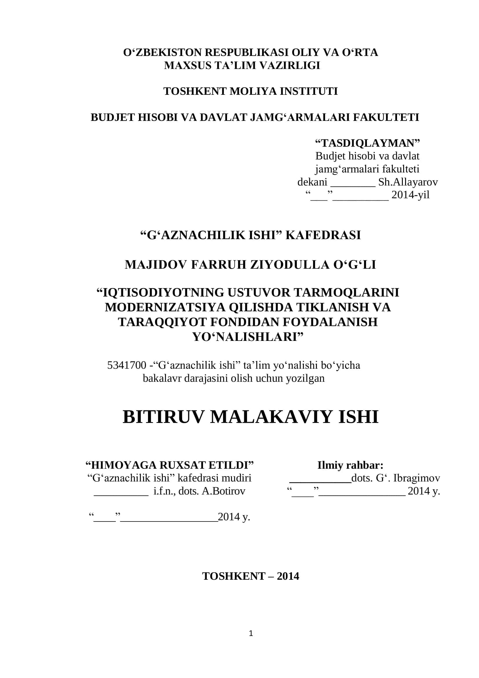 "G‘Azanachilik ishi" bakalavr darajasini olish