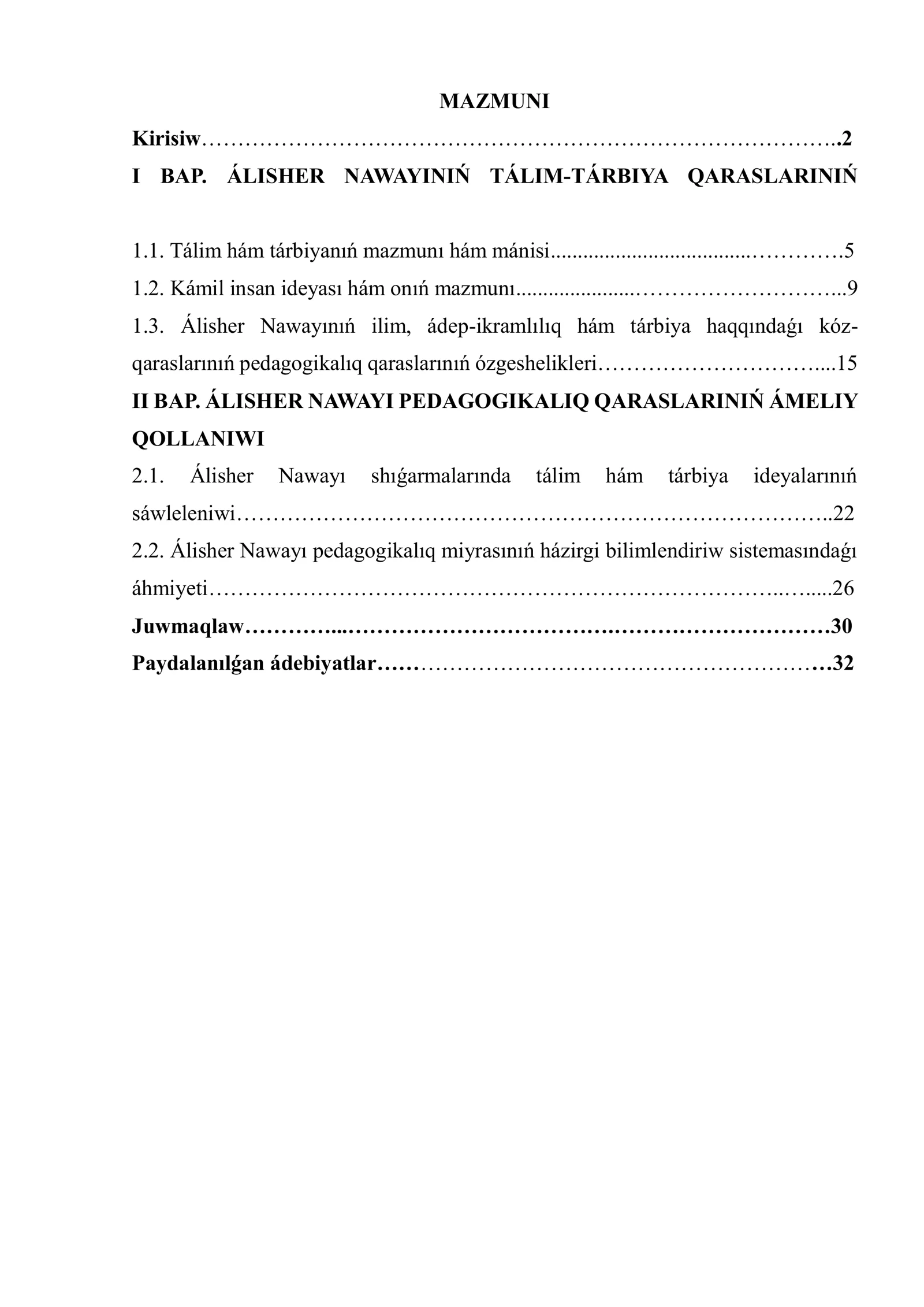 ÁLISHER NAWAYINIŃ TÁLIM-TÁRBIYA QARASLARINIŃ