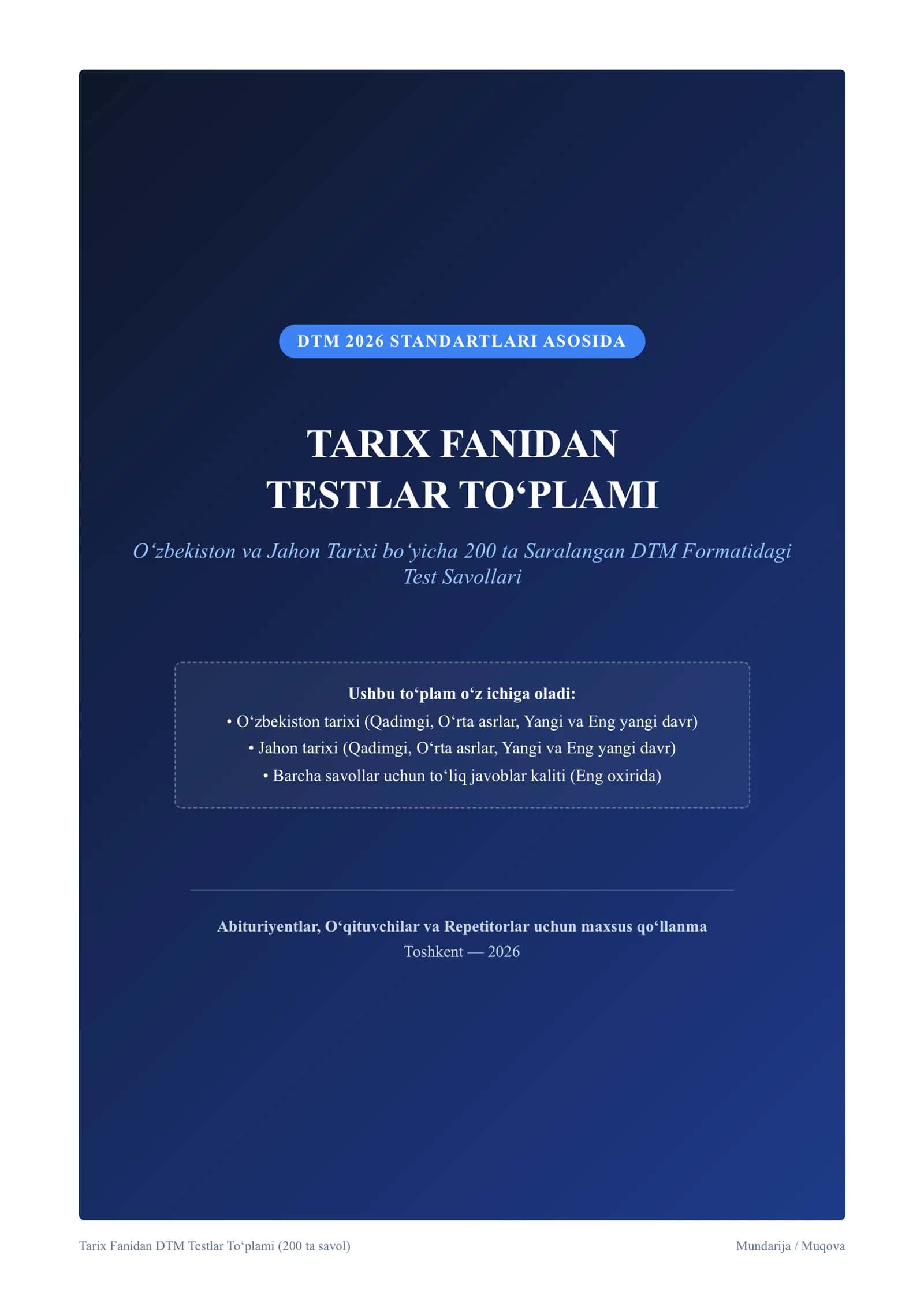 TARIX FANIDAN TESTLAR TO‘PLAMI