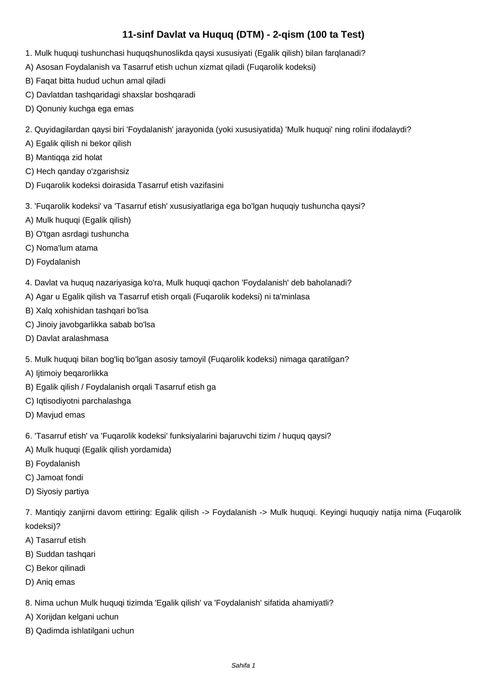 11-sinf Davlat va Huquq (DTM) - 2-qism (100 ta Test)