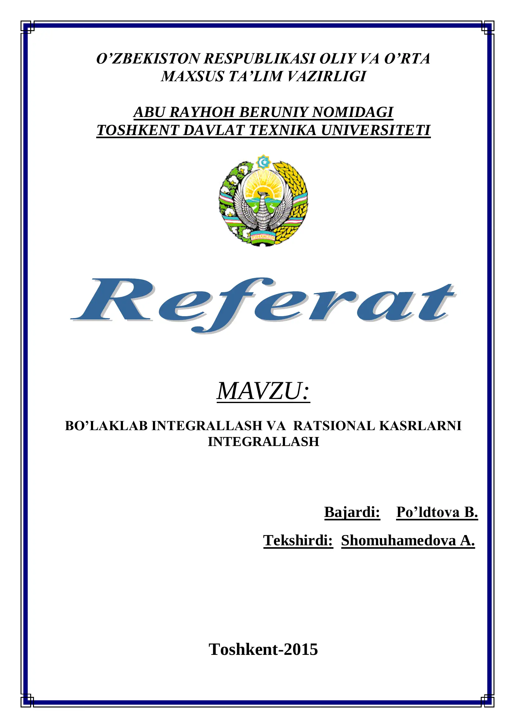 BO’LAKLAB INTEGRALLASH VA RATSIONAL KASRLARNI INTEGRALLASH