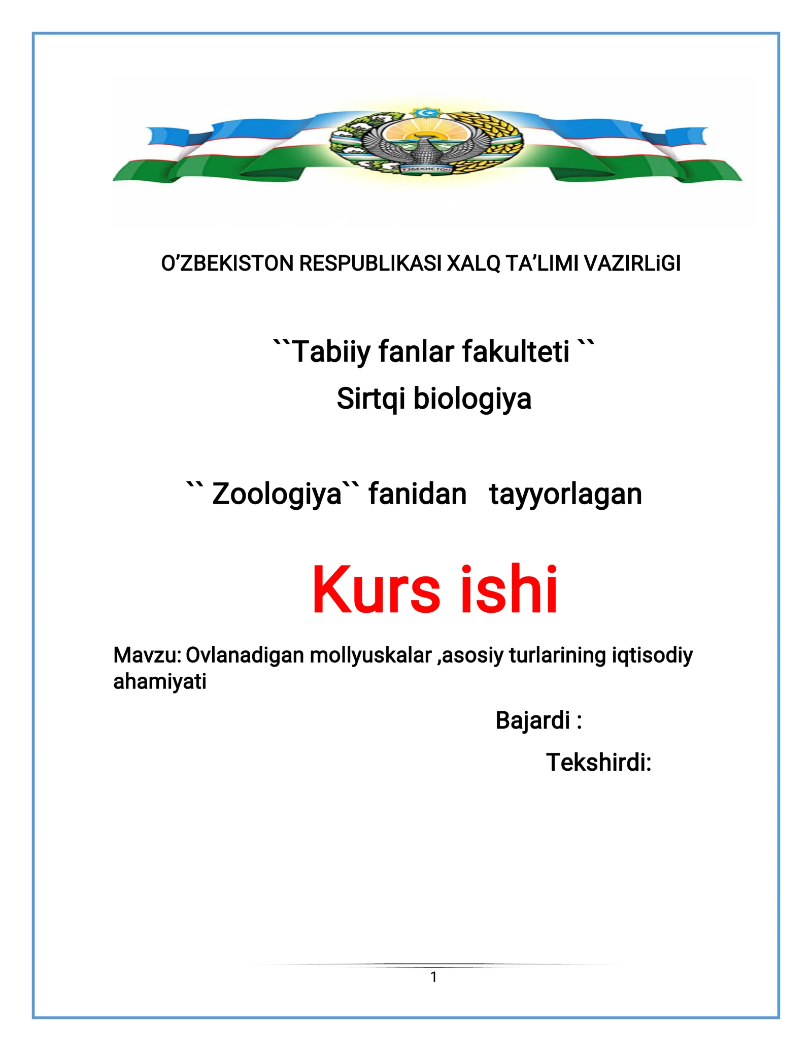 Zoologiya`` fanidan tayyorlagan Kurs ishi