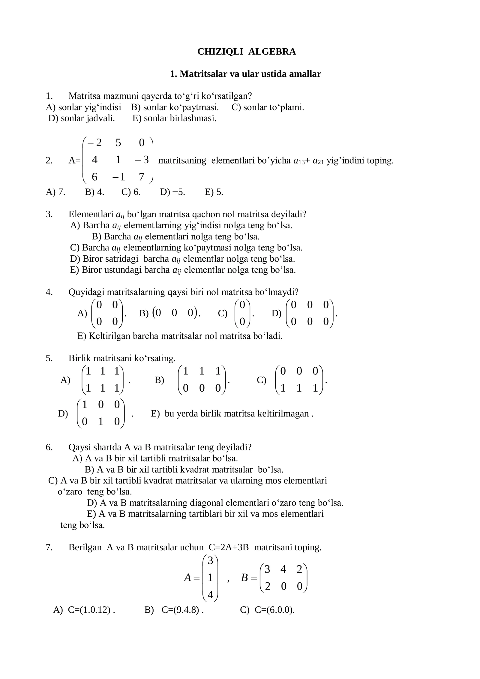 Talabalar uchun chiziqli algebra fanidan testlar to'plami