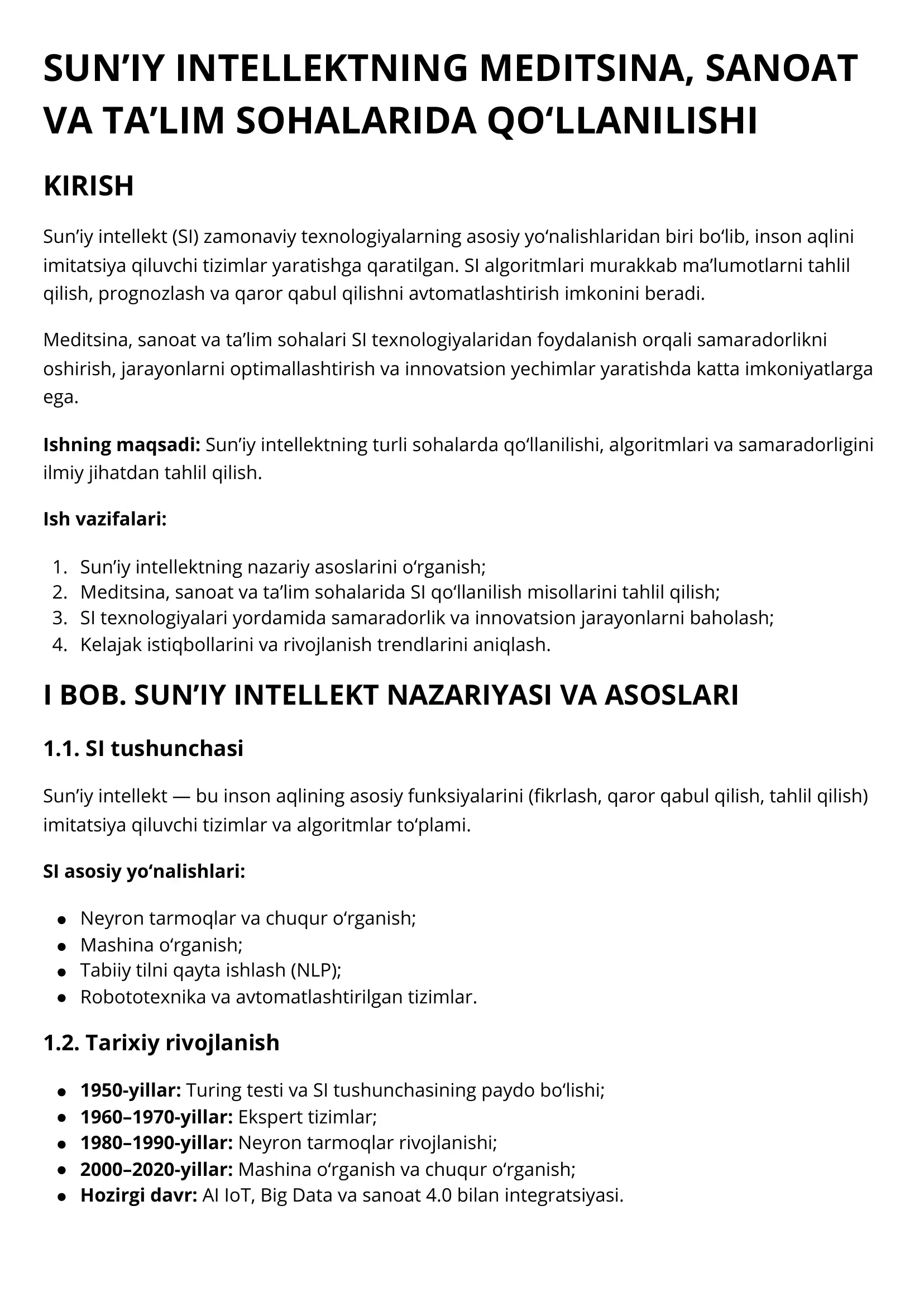 SUN’IY INTELLEKTNING MEDITSINA, SANOAT VA TA’LIM SOHALARIDA QO‘LLANILISHI