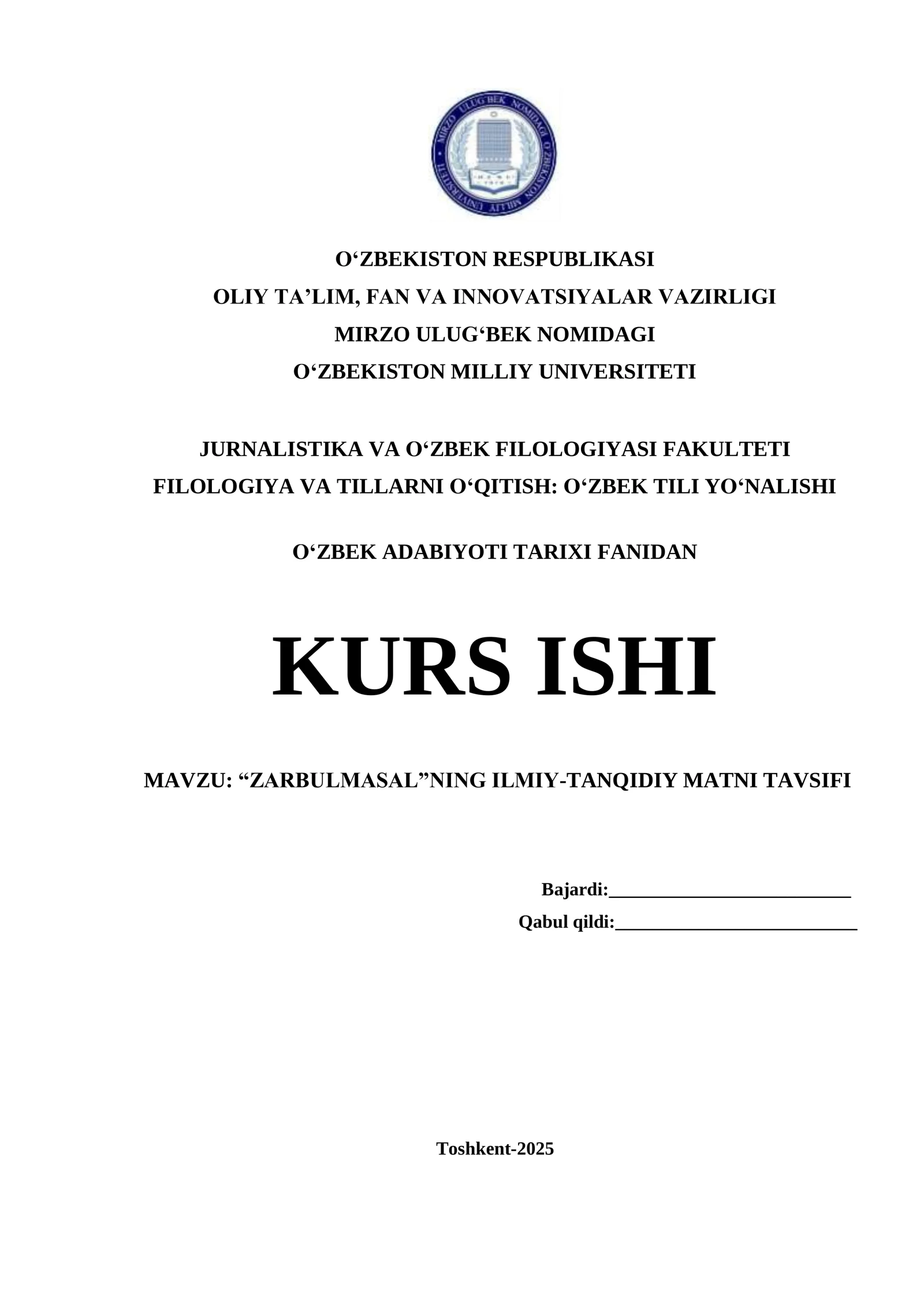 “ZARBULMASAL”NING ILMIY-TANQIDIY MATNI TAVSIFI