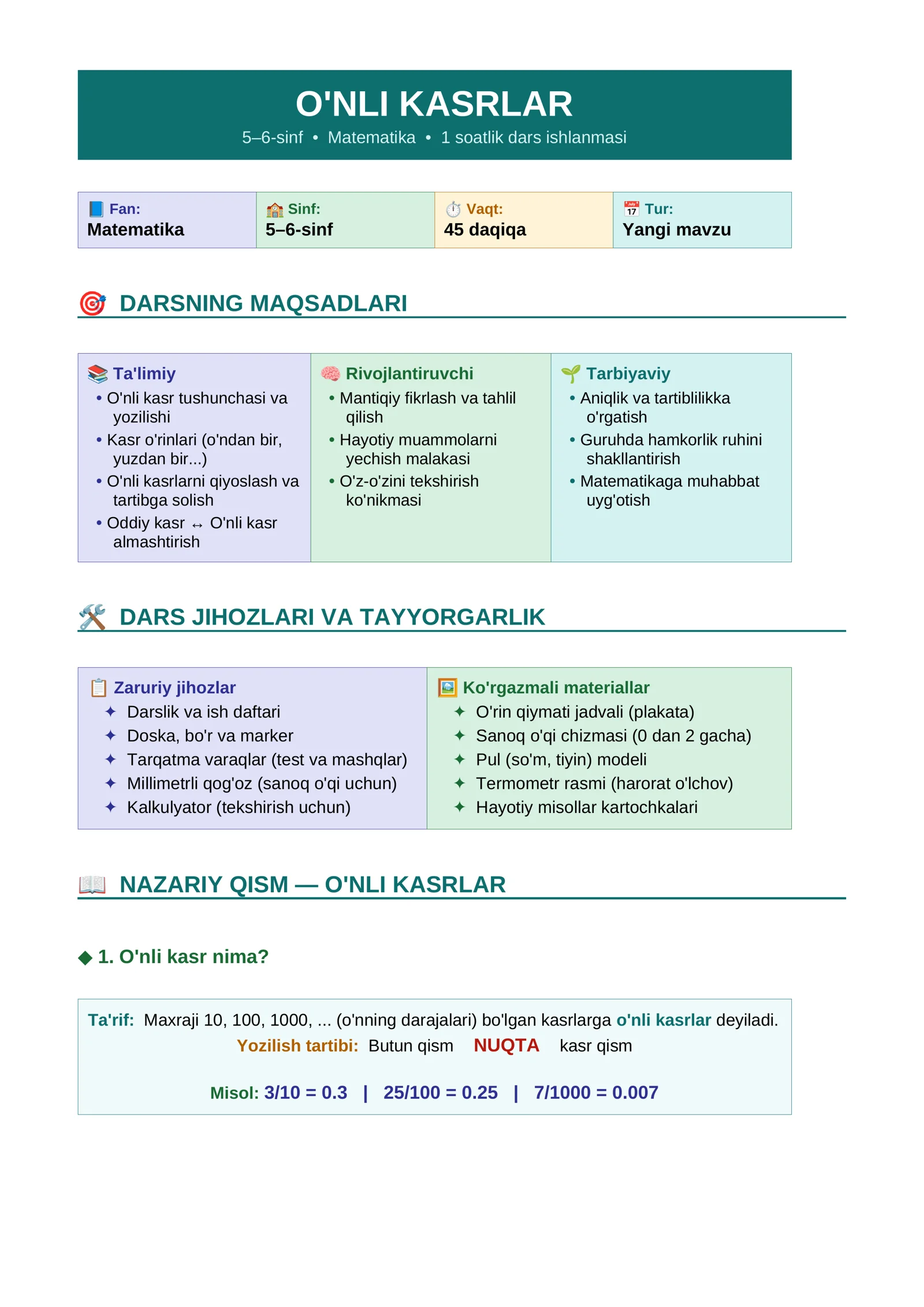 O'nli kasrlar (5-sinf uchun dars ishlanma)