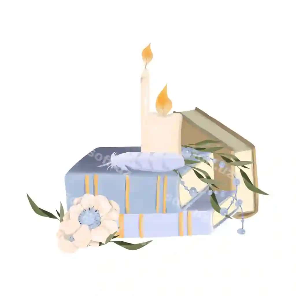 Illustratsiya kompositsiyasi kitoblar, ikki shamolat oq olov bilan. | Illustration composition with books two candles with flame white