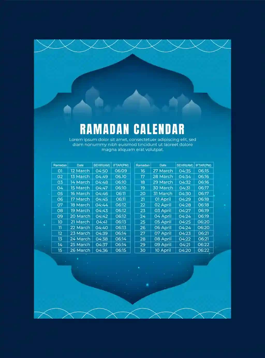 Haqiqiy Ramazon taqvimi shablonining sehri ifter vaqti jadvali | Realistic ramadan calendar template sehri ifter time schedule