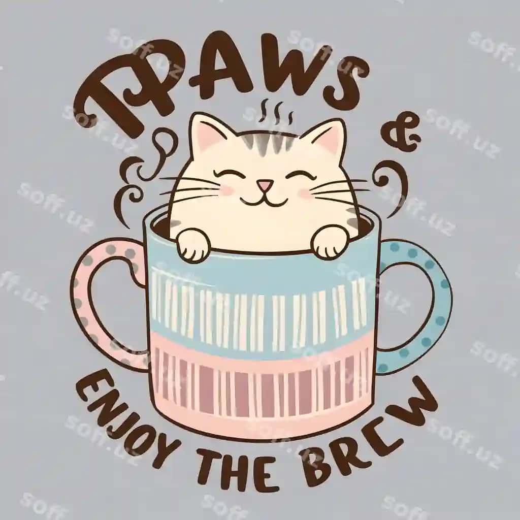Mushuk kovriga o'tirgan, "mushuklar qiziq suvni sevadi" degan so'zlar bilan, shohrezda. | Cat is sitting mug with words cats enjoy hot saucer