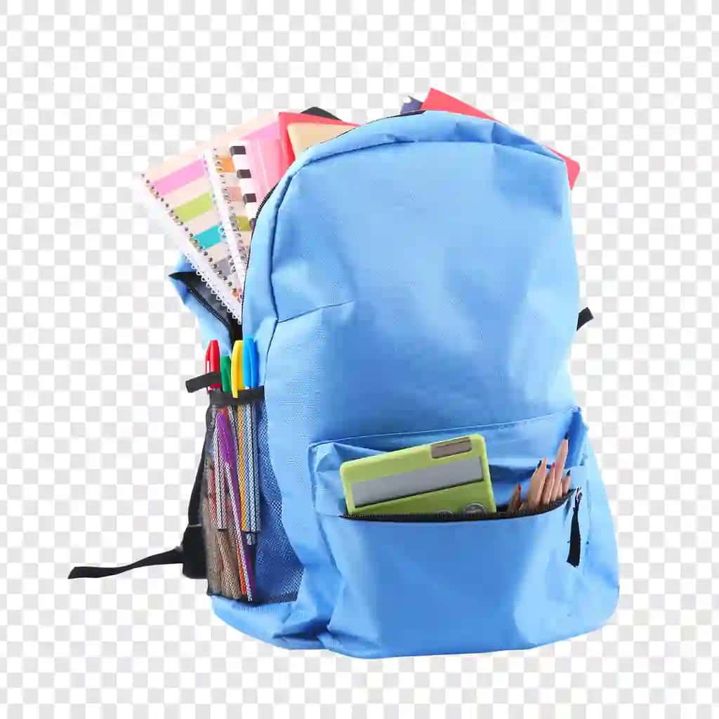 Asboblar bilan to'ldirilgan ko'k maktab ryukzagi | Blue school backpack filled with supplies