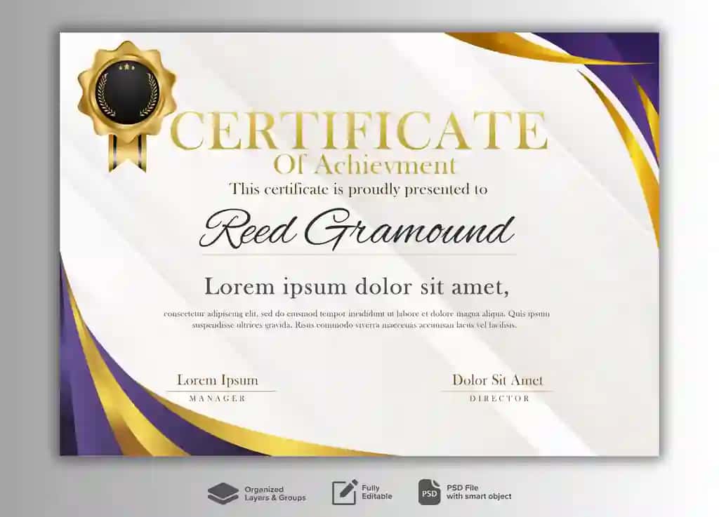 Binafsharang oltin tafsilotlari bilan nafis sertifikat shabloni | Elegant certificate template with purple golden details