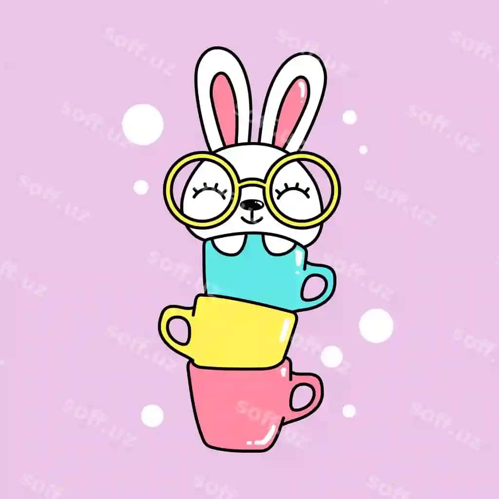Chiroyli baxtli quyon ko'z qoralama kiygan choy qoshiq ichida | Cute happy rabbit wearing glasses inside mugs