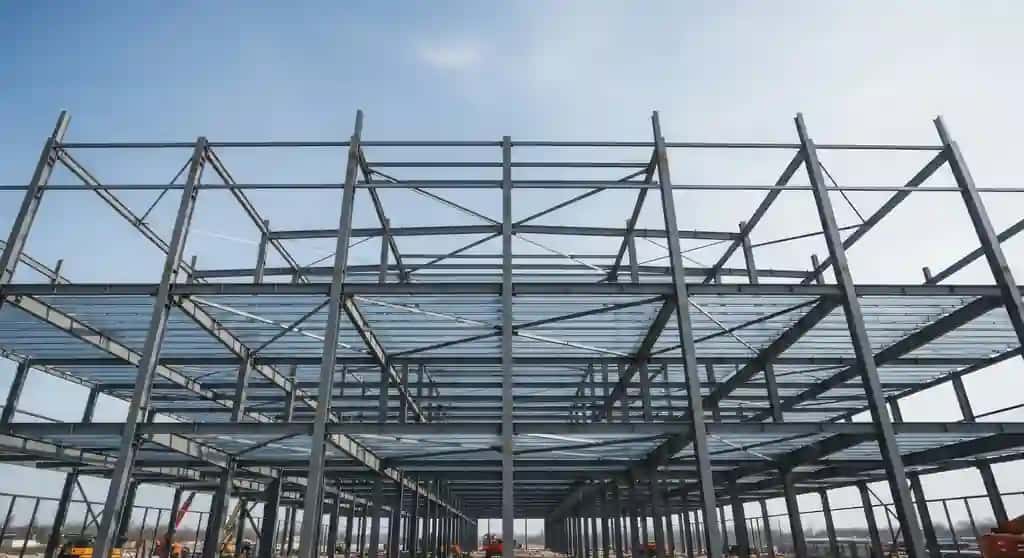 Po'latdan yasalgan ramka konstruktsiyasi tijorat binosi qurilishi quyoshli kun | Steel frame structure commercial building construction sunny day