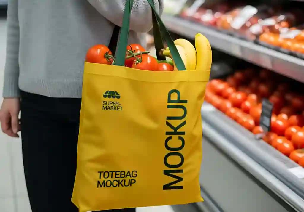 Haqiqiy maket sariq xarid qilish sumkasi supermarket sozlamalari | Realistic mockup yellow shopping tote bag supermarket setting
