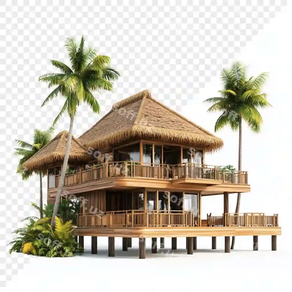 Palma daraxtlari oq fon bilan yog'och uy | Wooden house with palm trees white background