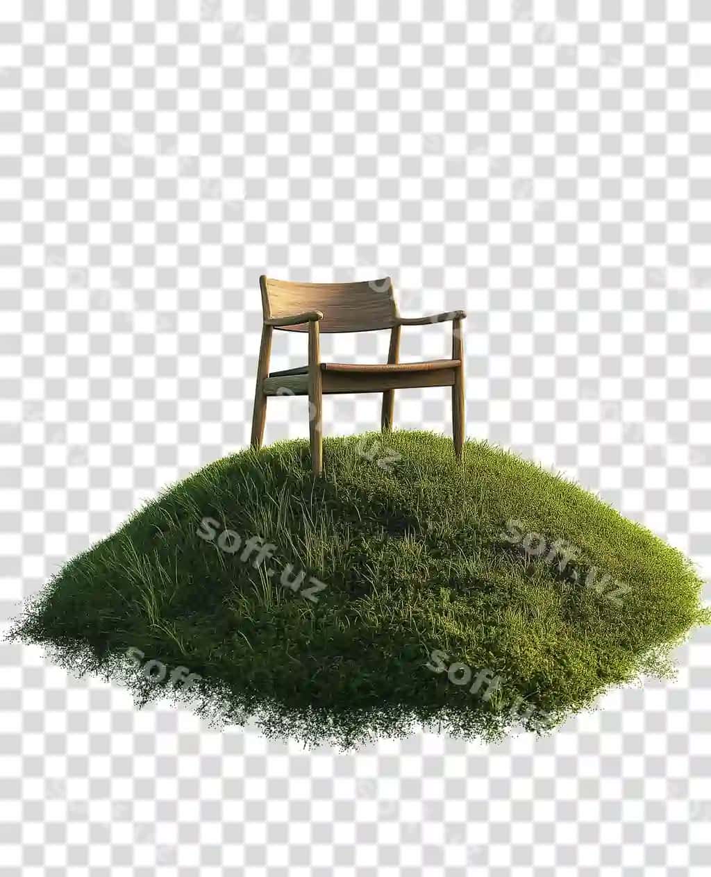 Kichik yog'och stul, o'tli tepalik shaffof fon | Small wooden chair grassy hill transparent background