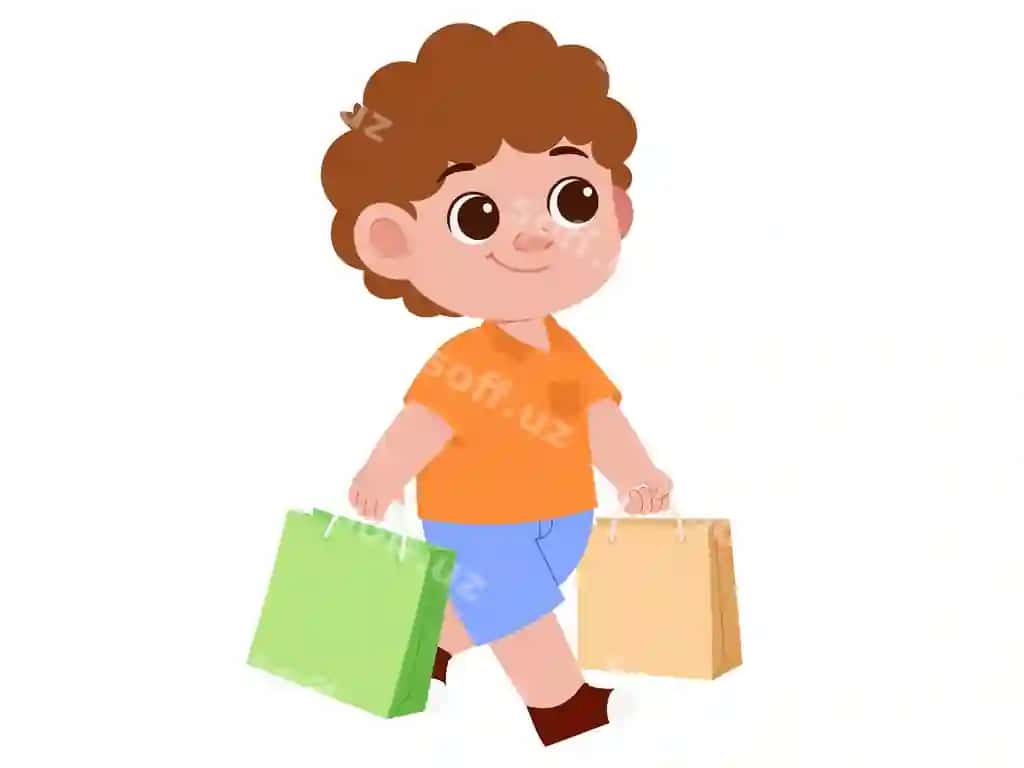 Baxtli o'g'lon xaridlar sumkasini tutgan illustratsiya | Happy boy hold shopping bag illustration