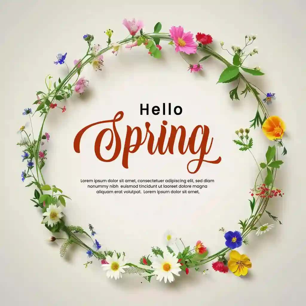 Salom, gulli ramka shablonli bahor yozuvi | Hello spring lettering with floral frame template