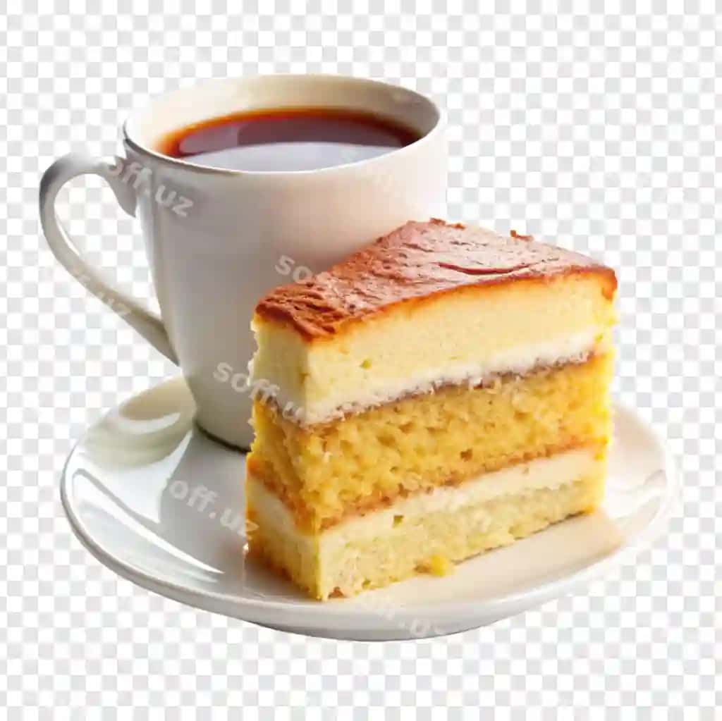 Sloyka donasi ko'rxa kofe bilan shaffof fonda ajraltirilgan | Piece sponge cake with cup coffee isolated transparent background