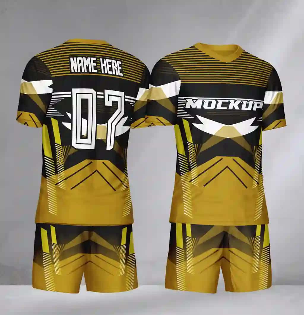 Oltin qora geometrik dizaynli futbol formasi maketi | Soccer jersey mockup with gold black geometric design