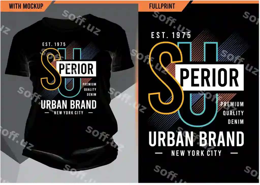 Yuqori shaharlik brend tipografiyasi futbolka modeli bosishga tayyor to'liq | Superior urban brand typography with tshirt mockup print ready full