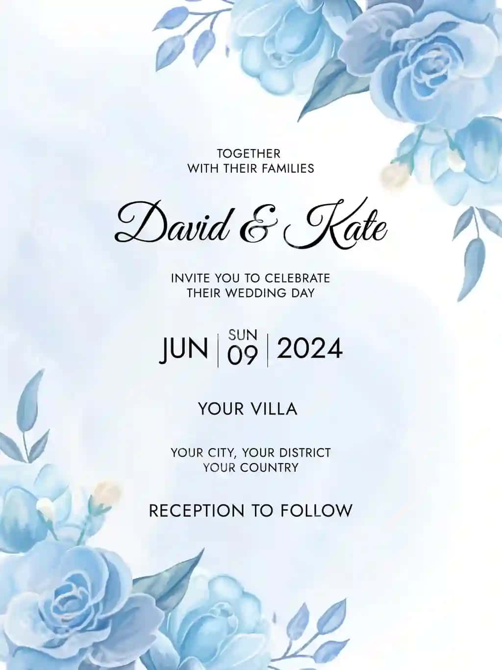 Moviy gullar bilan to'y taklifnomasi shabloni | Wedding invitation template with blue flowers