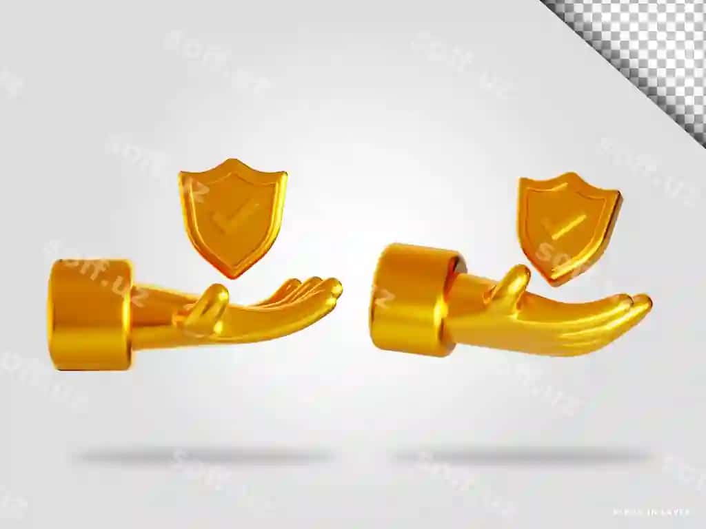 Oltin qolq himoyasi 3d render illustratsiyasi ajraltirilgan | Golden hand shield 3d render illustration isolated