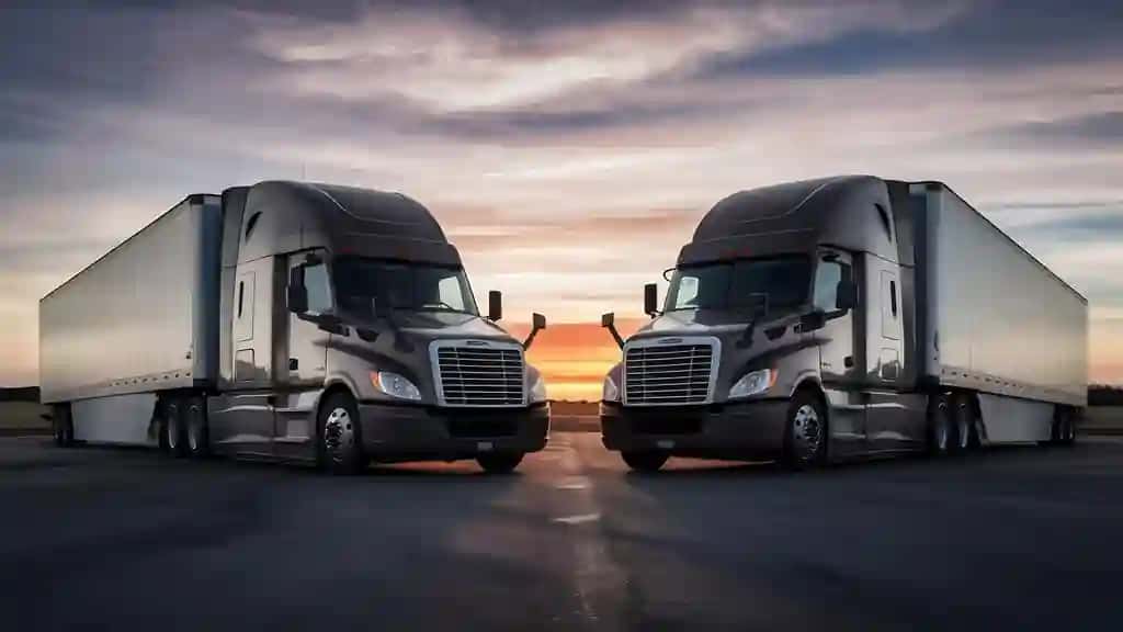 Quyosh botishi osmonida yonma-yon turgan ikkita yarim yuk mashinasi yuk tashuvchi yuk mashinasini tashish | Two semi trucks parked side by side sunset sky road freight truck transportation