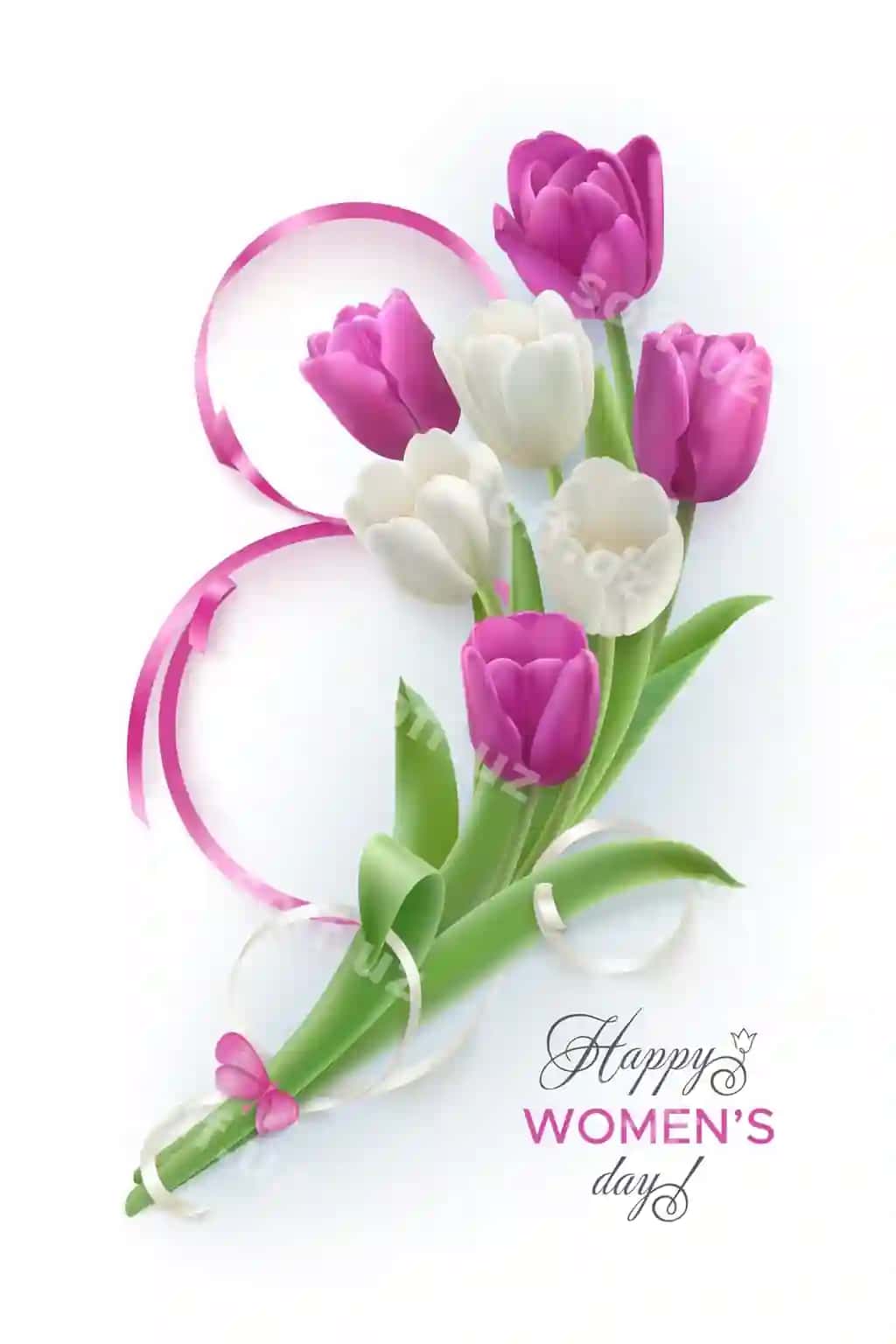 Baxtli ayollar tabrik kartasi oq binafsha lolalari oq shirmondiq bilan boglangan | Happy womens greeting card with white purple tulips tied white ribbon