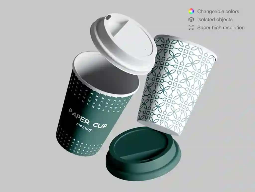 Haqiqiy suzuvchi qog'oz stakanlarning qopqoqli maketi | Realistic floating paper cups mockup with lids