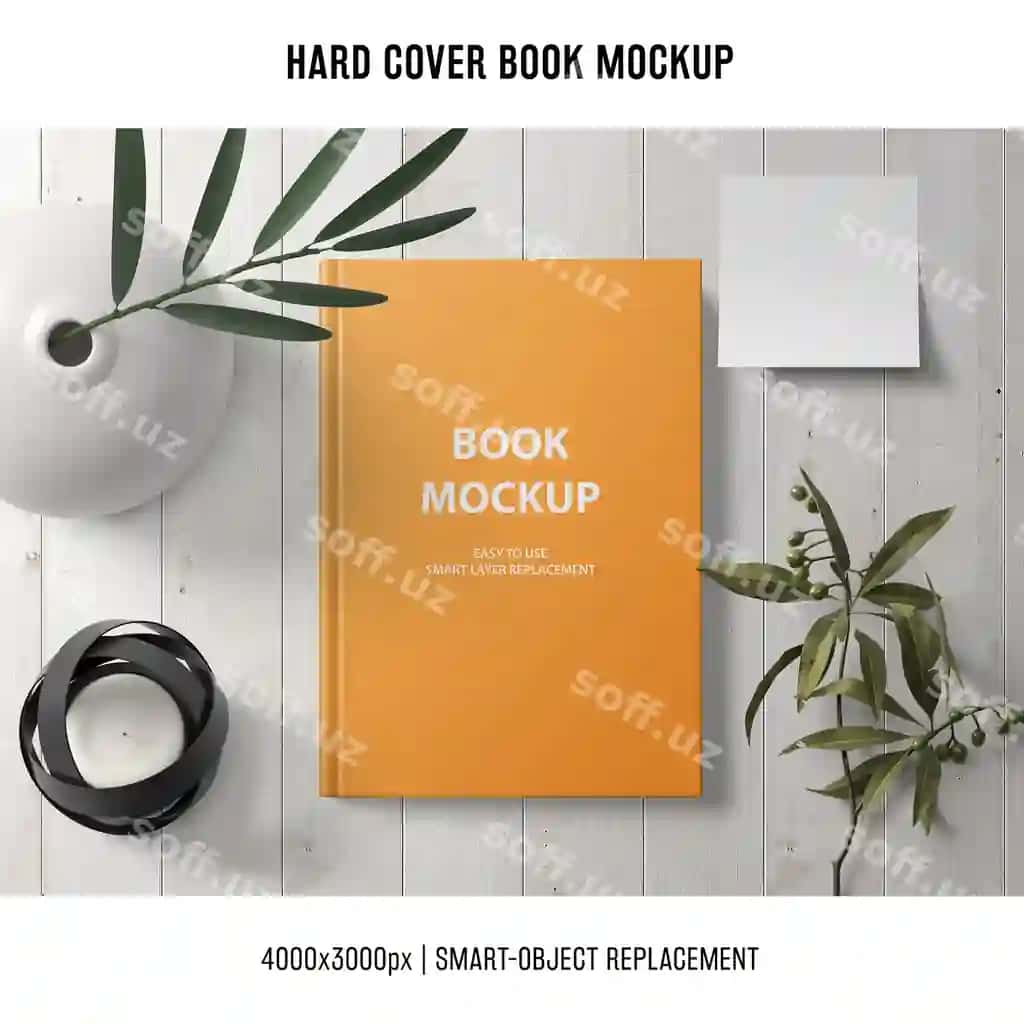 Qattiq jildli kitob namunasi o'simliklar bilan | Hard cover book mockup with plants