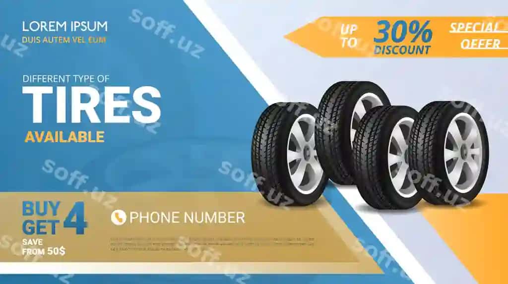 Shinniklar mavjud realistik goforizontal rangli illustratsiya bilan maxsus | Tires available realistic horizontal colored illustration with special