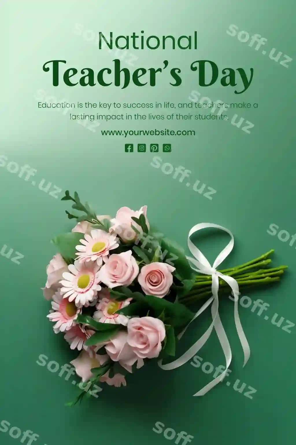 Milliy o'qituvchilar kuni tushunchasi pushti atirgullar guldastasi bezaklari yashil | National teachers day concept pink roses bouquet decoration green