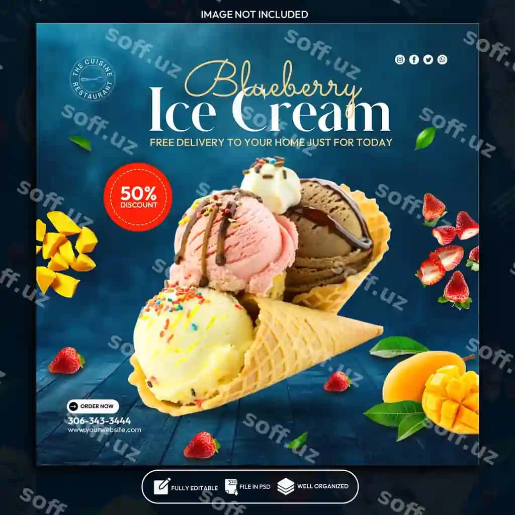 Ajoyib mazali muzqaymoq ijtimoiy media banner post dizayni shabloni | Amazing delicious ice cream social media banner post design template