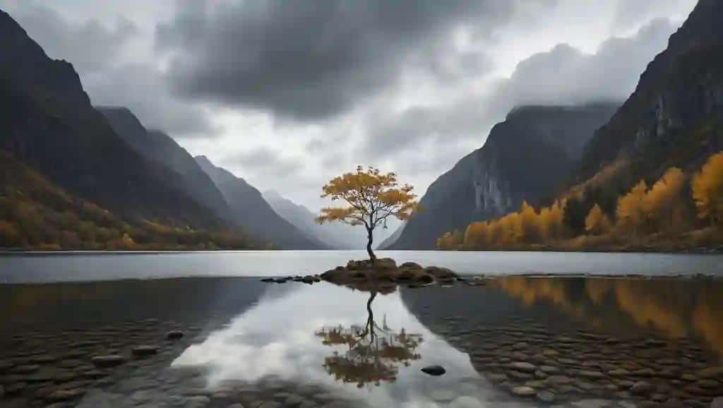 O'rta ko'lda yolg'iz daraxt o'tiribdi | There is lone tree sitting rock middle lake