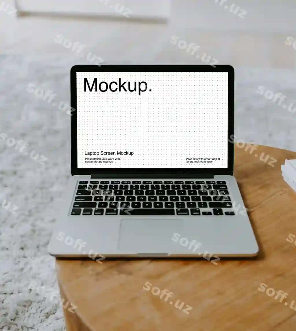 Dumaloq yog'och stolli ekran maketi bilan noutbuk | Laptop with screen mockup round wooden table