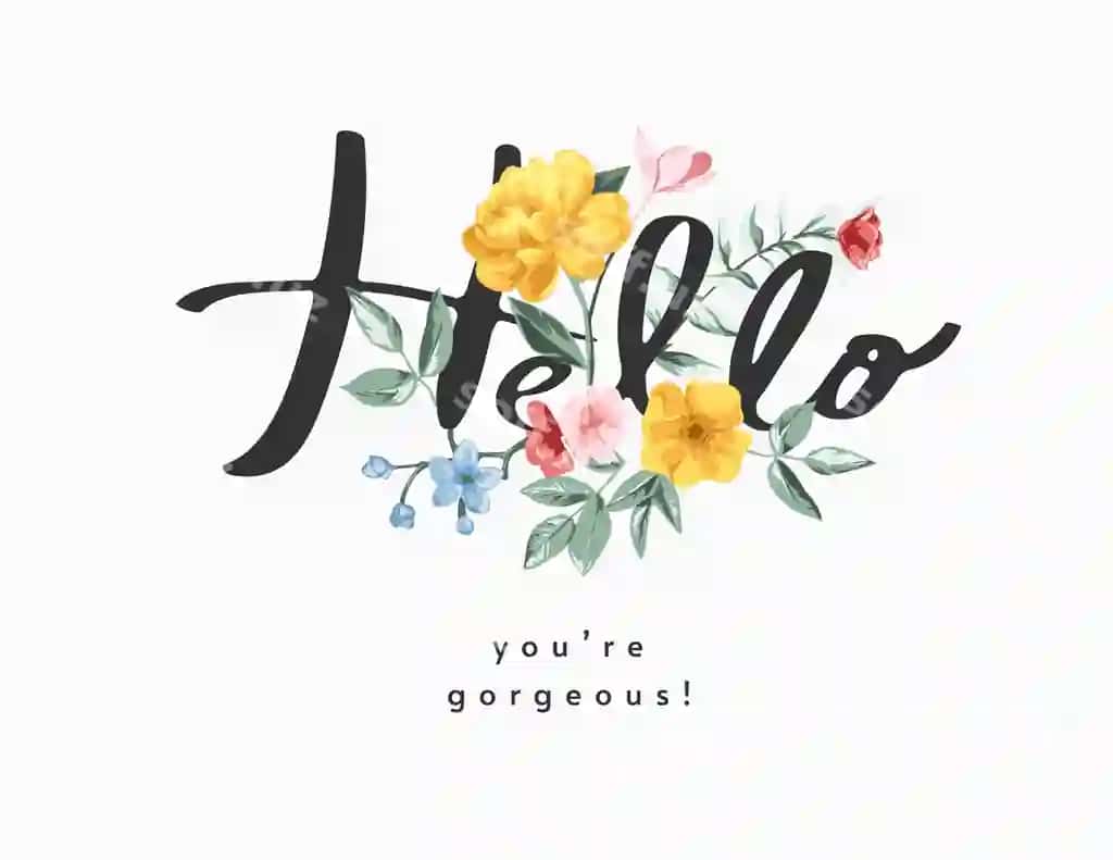 Salom qalam ishli slovan rangli gullar va qora illustratsiya | Hello calligraphy slogan with colorful flowers illustration black
