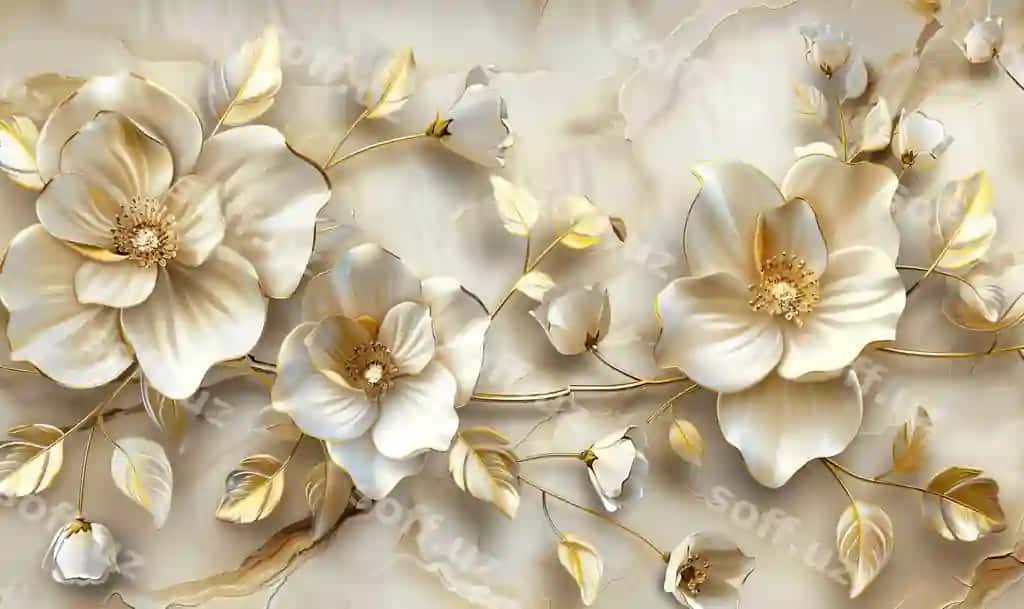 Mural devor qog'idi gul oltin krem ranglari 3d mural devor qog'idi yuqori sifatli AI tomonidan yaratilgan rasm | Mural wallpaper flowers gold cream colors 3d mural wallpaper high quality ai generated image