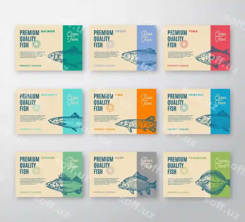 Premium sifatli baliq etiketkalari to'plami abstrakt qadoqlash etiketkasi | Premium quality fish labels collection abstract packaging label