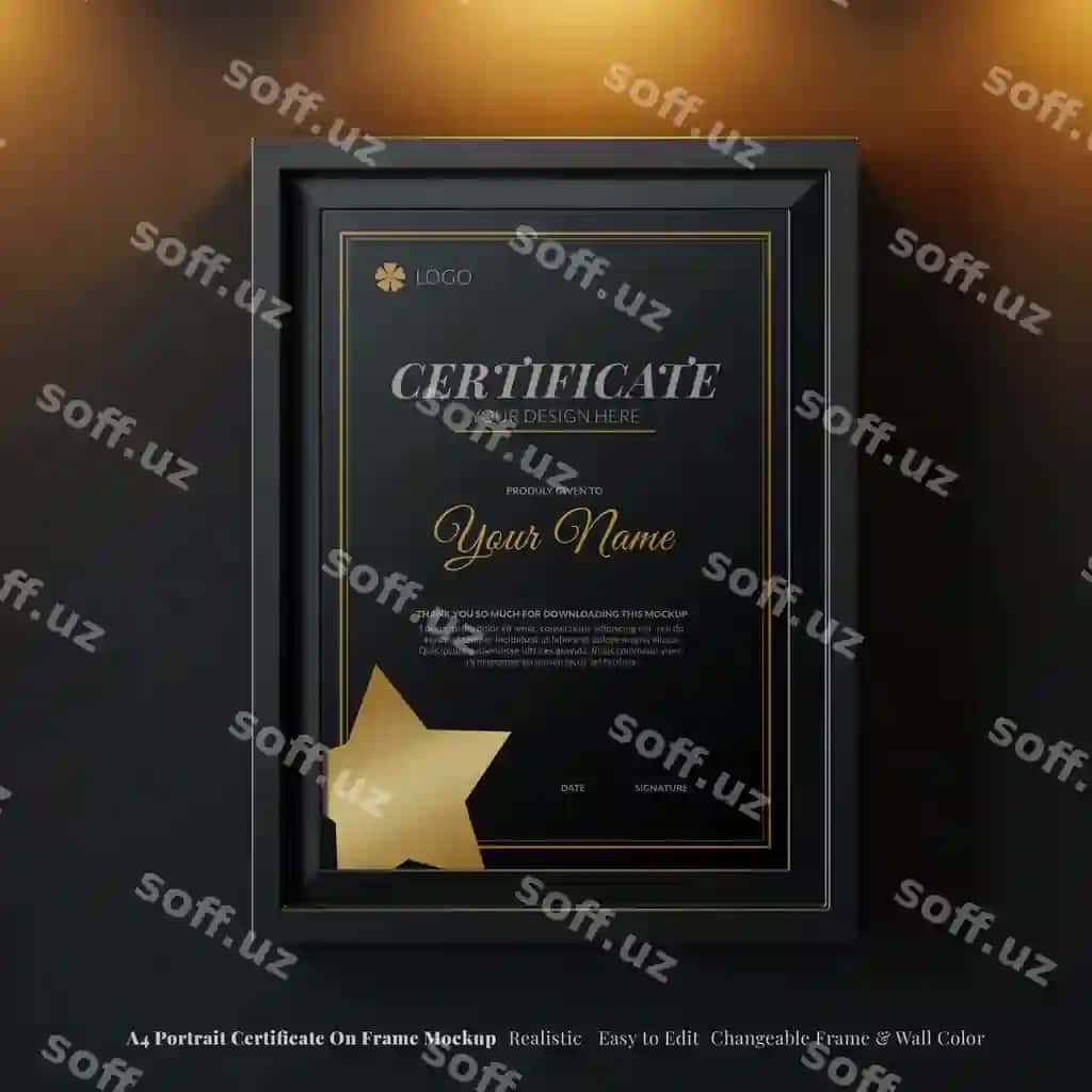 Elegant A4 vertikal hasharot sertifikat ramkasi realistik mockup chiroyli | Elegant a4 vertical luxury certificate frame realistic mockup fancy