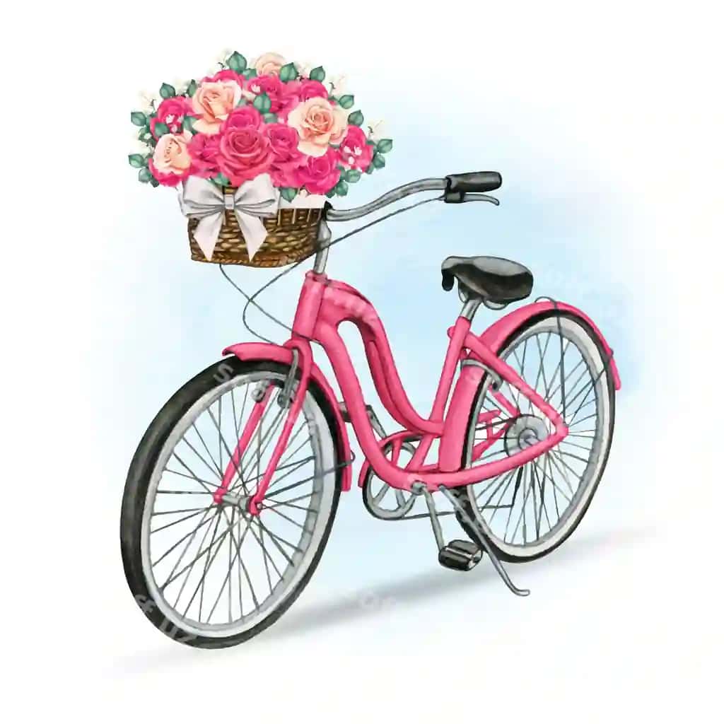 Suvarli qo'l bilan chizilgan velosiped gul bilan to'plangan koshikka ega | Watercolor hand drawn bike with basket full roses