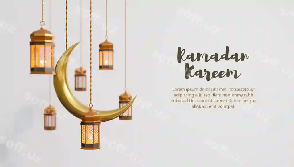 Ramazon kamil fon o'ttiz chiroq hilol bilan | Ramadan kareem background with golden lamp moon