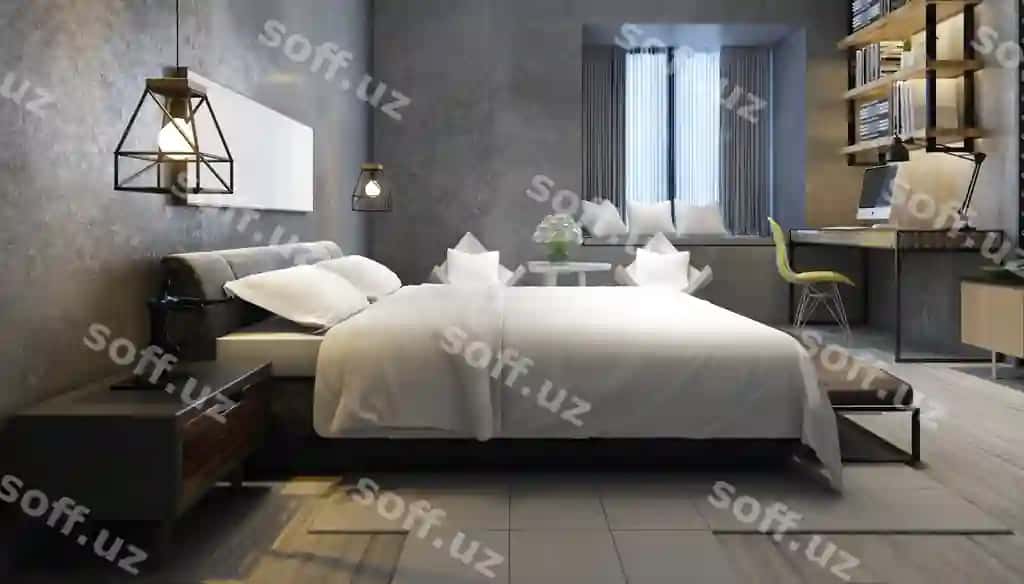 Realistik zamonaviy ikkalasi uy xonasi meblelar ramkasi bilan | Realistic modern double bedroom with furniture frame