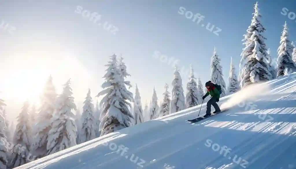Snoubord sehrli ski tik qorqoq yolkalar bilan oq chiroqlar bilan ajraltirilgan | Snowboard magical ski slope with snowy firs isolated with white highlights